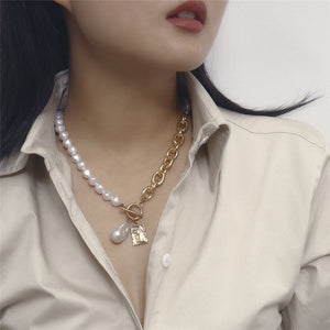 Gothic Baroque Pearl Angel Pendant Choker Necklace for Women Wedding Punk Lasso Big Chunky Thick Lock Chain Necklace Jewelry