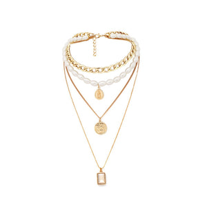 Punk Multi Layered Pearl Choker Necklace Collar Statement Virgin Mary Coin Crystal Pendant Necklace Women Jewelry