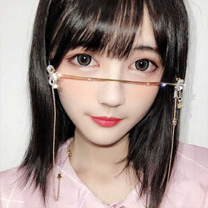Q Eyeglasses Frame For Women Water Drop Lens Less Chain Pearl Pendant Half Frame Luxury Diamond Glasses Shades