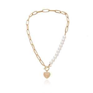 Punk Imitation Pearl Choker Necklace Collar Statement Gold Color Love Heart Lasso Pendant Necklace for Women Jewelry