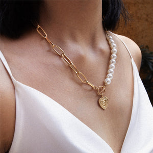 Punk Imitation Pearl Choker Necklace Collar Statement Gold Color Love Heart Lasso Pendant Necklace for Women Jewelry