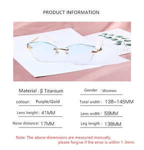 β Titanium Myopia Sunglasses Ladies Rimless Diamond Butterfly Frame Flat Lens Progressive With Prescription Diopter Astigmatism
