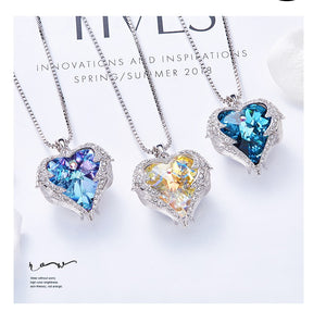 Women Silver Color Necklace Embellished with Crystals from Swarovski Necklace Angel Wings Heart Pendant Valentines Gift