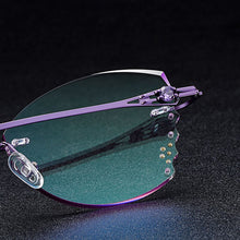 Load image into Gallery viewer, Gmei Optical Stylish Alloy Women Rimless Glasses Frame With Diamond Trimming Cut Gradient Purple Tinted Plano Lenses Z2870