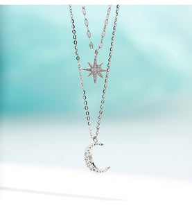 Fashion Silver Plated  Moon and Star Double Layer Chain Link Pendant Necklaces for Women Fine Jewelry