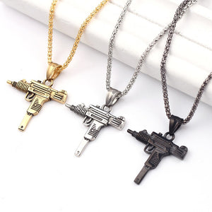 Cool Gothic Hip Hop UZI Kolye GUN Shape Pendant Necklace Gold Black Silver Color Army Style Male Chain Men Necklaces  Jewelry