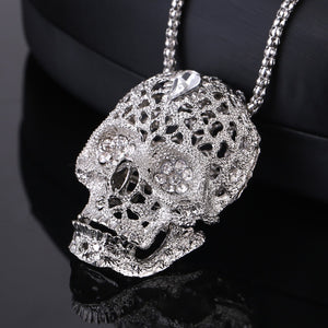 Fashion boutique mosaic zircon shiny skull man necklace wild retro long punk style sweater pendant banquet gift jewelry