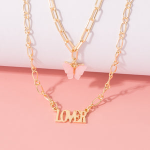 Moda farfalla acrilica Old English Font pendenti Collana doppio strato acido acetico Collana per bambina Girocollo Gioielli di dichiarazione 