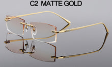 Carica l&#39;immagine nel visualizzatore di Gallery, Gmei Optical Rectangle Golden Titanium Alloy Men&#39;s Diamond Trimming Rimless Glasses Frame Gradient Brown Tint Plano Lenses Q6607