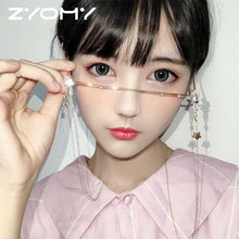 Carica l&#39;immagine nel visualizzatore di Gallery, Q Eyeglasses Frame For Women Water Drop Lens Less Chain Pearl Pendant Half Frame Luxury Diamond Glasses Shades
