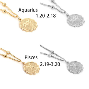 Constellation Carve Coin Pendant Necklace Simple Copper Leo Beads Clavicle Chain Necklace Sexy Couple Jewelry