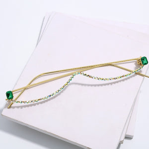 Luxury Fashion Diamond eyeglasses Alloy Frame for Women green and Red Pink Gem Lensless Chain Pendant Half Frame glasses