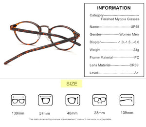 Prescription Glasses Nearsighted SPH -1.0 TO -6.0 Men Women Exquisite Round Frame Myopia Spectacles With Dioptre