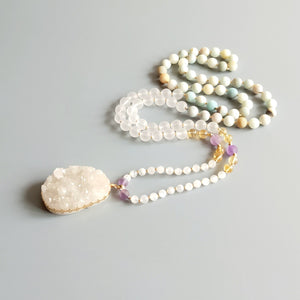 LiiJi Unique Amazonite Clear Quartzs Citrines Moonstone Amethysts Bohemia Long Necklace Druzy Quart Pendant Necklace Necklace