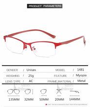 Carica l&#39;immagine nel visualizzatore di Gallery, Women Half frame Finished Myopia Glasses Lady Anti-blue light Prescription glasses Men Business Nearsighted Eyewear -1.5-2.0-2.5