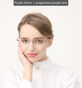 β Titanium Myopia Sunglasses Ladies Rimless Diamond Butterfly Frame Flat Lens Progressive With Prescription Diopter Astigmatism