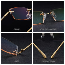 Carica l&#39;immagine nel visualizzatore di Gallery, Gmei Optical Rectangle Golden Titanium Alloy Men&#39;s Diamond Trimming Rimless Glasses Frame Gradient Brown Tint Plano Lenses Q6607