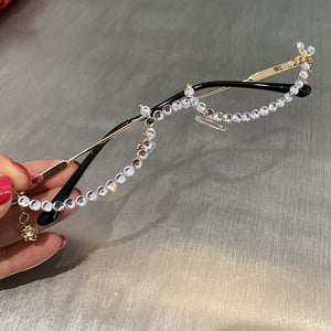 Original design women frame brand sun glasses luxury pearl diamond shades no lens for party