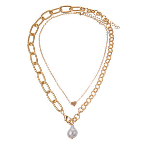 Fashion 2 Layers Pearls Geometric Pendants Necklaces For Women Gold Metal Snake Chain Necklace New Design Jewelry Gift