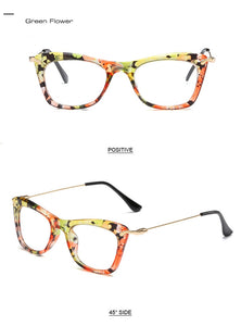Women Cat Eye Optical Frames Brand Designer Lady Printing Eyewear Metallic Leg