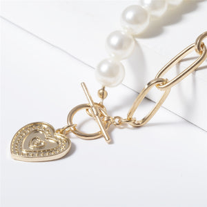 Punk Imitation Pearl Choker Necklace Collar Statement Gold Color Love Heart Lasso Pendant Necklace for Women Jewelry