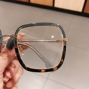 Green Clear Print Square Anti-blue Light Eyeglasses For Women Alloy Leopard Oversize Computer Myopia Glasses Frame Female Shades