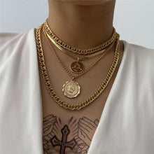 Carica l'immagine nel visualizzatore di Gallery, Punk Multi Layer Curb Cuban Chunky Thick Portrait Choker Necklace Women Vintage Carved Coin Pendant Necklace Jewelry