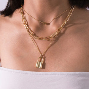 Multi Layer Lover Lock Pendant Choker Necklace Steampunk Padlock Heart Chain Necklace Collier Best Couple Jewelry Gift