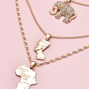 3 Pcs/Set Vintage Crystal Elephant Pyramid Ancient Egyptian Pharaoh Map Pendant Multilayer Gold Necklace Punk Lady Jewelry Gifts