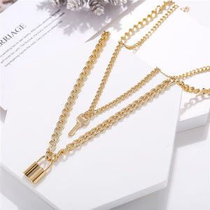17KM Fashion Multi Layer Lock Portrait Pendants Necklaces For Women Gold Metal Key Heart Necklace New Design Jewelry Gift