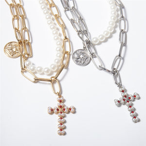 Punk Multi Layered Pearl Choker Necklace Collar Statement Virgin Mary Coin Crystal Pendant Necklace Women Jewelry