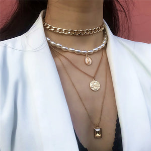 Punk Multi Layered Pearl Choker Necklace Collar Statement Virgin Mary Coin Crystal Pendant Necklace Women Jewelry