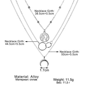 Fashion Moon Circle Map Pendant Necklace for Women Jewelry Earth Choker Multilayer Bijoux Collares Mujer Collier Femme