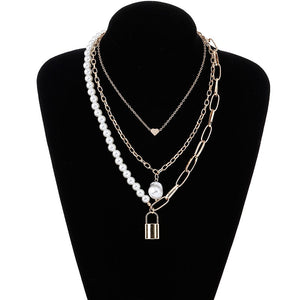 Fashion 2 Layers Pearls Geometric Pendants Necklaces For Women Gold Metal Snake Chain Necklace New Design Jewelry Gift