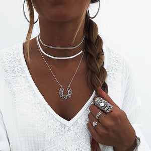 2020 NEW Lotus Necklaces Multi Layer Girl Silver Color bar Bohemia Alloy Necklace Multilayer Chain Women Collares Collier femme