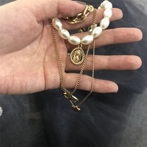 Punk Multi Layered Pearl Choker Necklace Collar Statement Virgin Mary Coin Crystal Pendant Necklace Women Jewelry