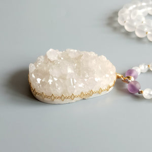 LiiJi Unique Amazonite Clear Quartzs Citrines Moonstone Amethysts Bohemia Long Necklace Druzy Quart Pendant Necklace Necklace