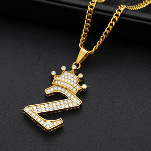 Crystal Zircon Alphabet Pendant Necklaces For Women Men Crown Initial Letter Necklace Hip Hop Gold Chain Jewelry Collier Bijoux