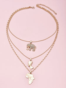 3 Pcs/Set Vintage Crystal Elephant Pyramid Ancient Egyptian Pharaoh Map Pendant Multilayer Gold Necklace Punk Lady Jewelry Gifts