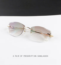 Load image into Gallery viewer, β Titanium Myopia Sunglasses Ladies Rimless Diamond Butterfly Frame Flat Lens Progressive With Prescription Diopter Astigmatism