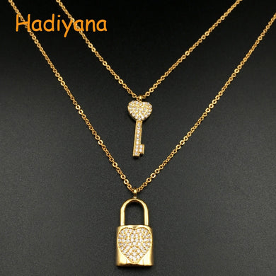White Clear Zirconia Lock With Key Shape 2 Line Necklace For Women Love Adjustable Valentine's D Gift XL118