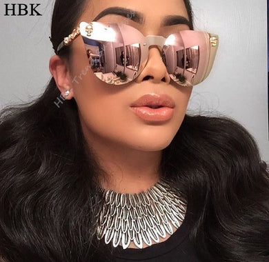 HBK Rose Gold Sunglasses Women Skull Mirror Diamond Brand Designer Metal Frame Sun Glasses Mirror Flat Lens Lunettes de soleil