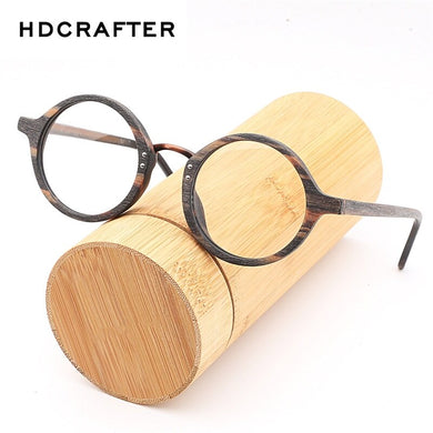 HDCRAFTER Vintage Wood Round Eyes Glasses Frame Myopia Frames Clear Lens for Women Wooden Reading Clear Glasses Eyeglasses