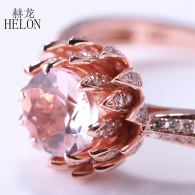 6mm Round Cut Genuine Morganite Solid 10K Rose Gold Pave Natural Diamonds Engagement Wedding Jewelry Lotus Flower Ring