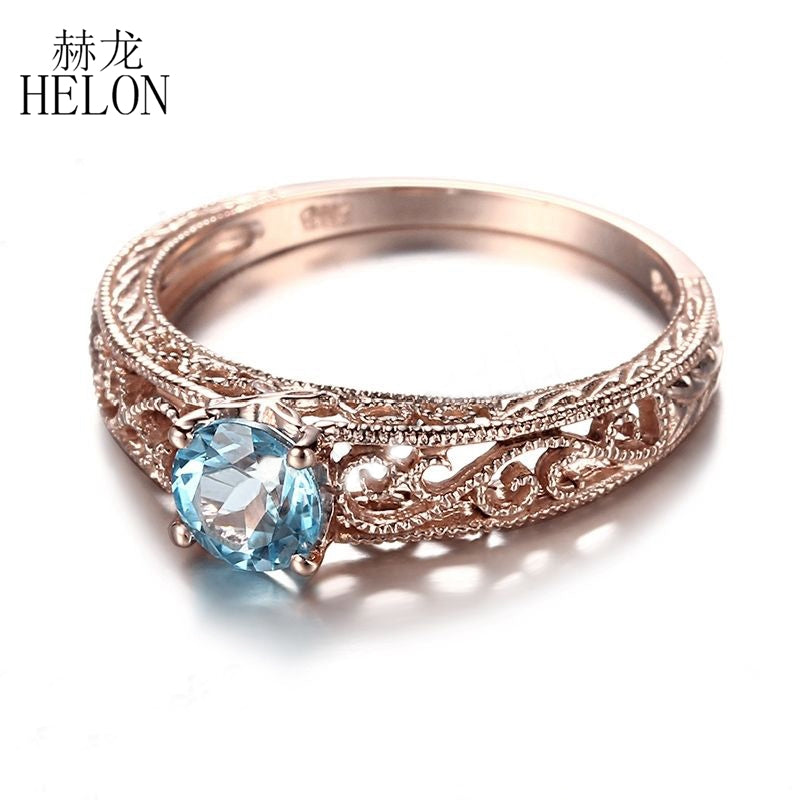 925 Sterling Silver 5mm Round Cut Blue Topaz Ring Filigree Vintage Art Deco Gemstone Engagement Wedding Ring Fine Jewelry