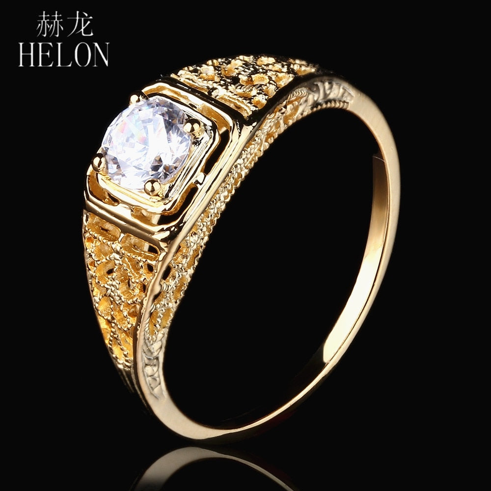 Antique Vintage Art style Jewelry Solid 10k Yellow Gold 4.5mm Round 0.4ct Moissanite Diamond Engagement Wedding Women Ring