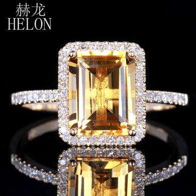 Citrine 6.5x8.5mm Emerald 0.2ct Diamond Accent Ring Real 14K Yellow Gold Engagement Wedding Fashion Jewelry Women Ring