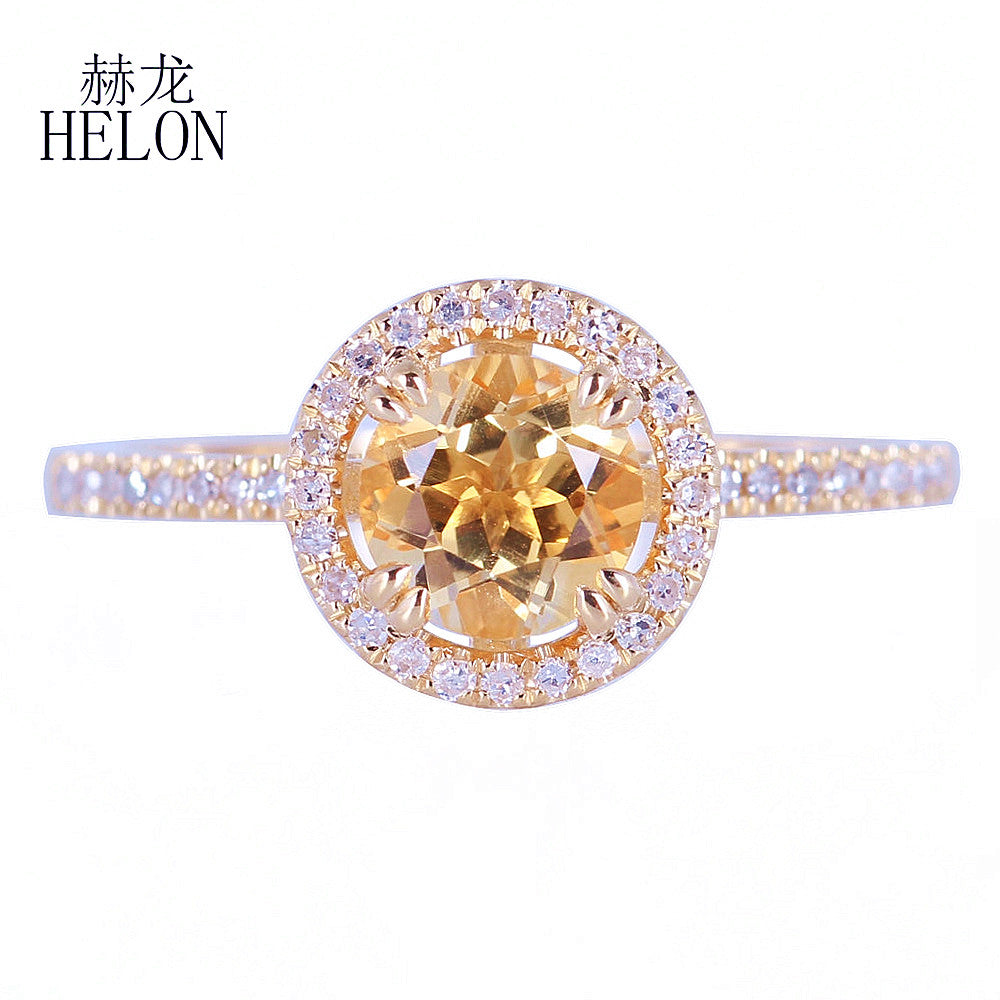 Anello di fidanzamento con diamanti pregiati Halo Anello in oro giallo massiccio 14k da 6,5 ​​mm Anello con citrino e diamanti genuini rotondi Gioielli da donna 
