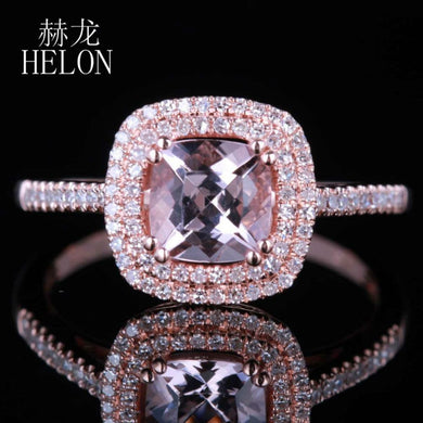 Hot Sell Jewelry 6mm Cushion 0.85CT Pink Morganite Pave 0.3ct Diamond Haloes Solid 14K Rose Gold Engagement Wedding Ring