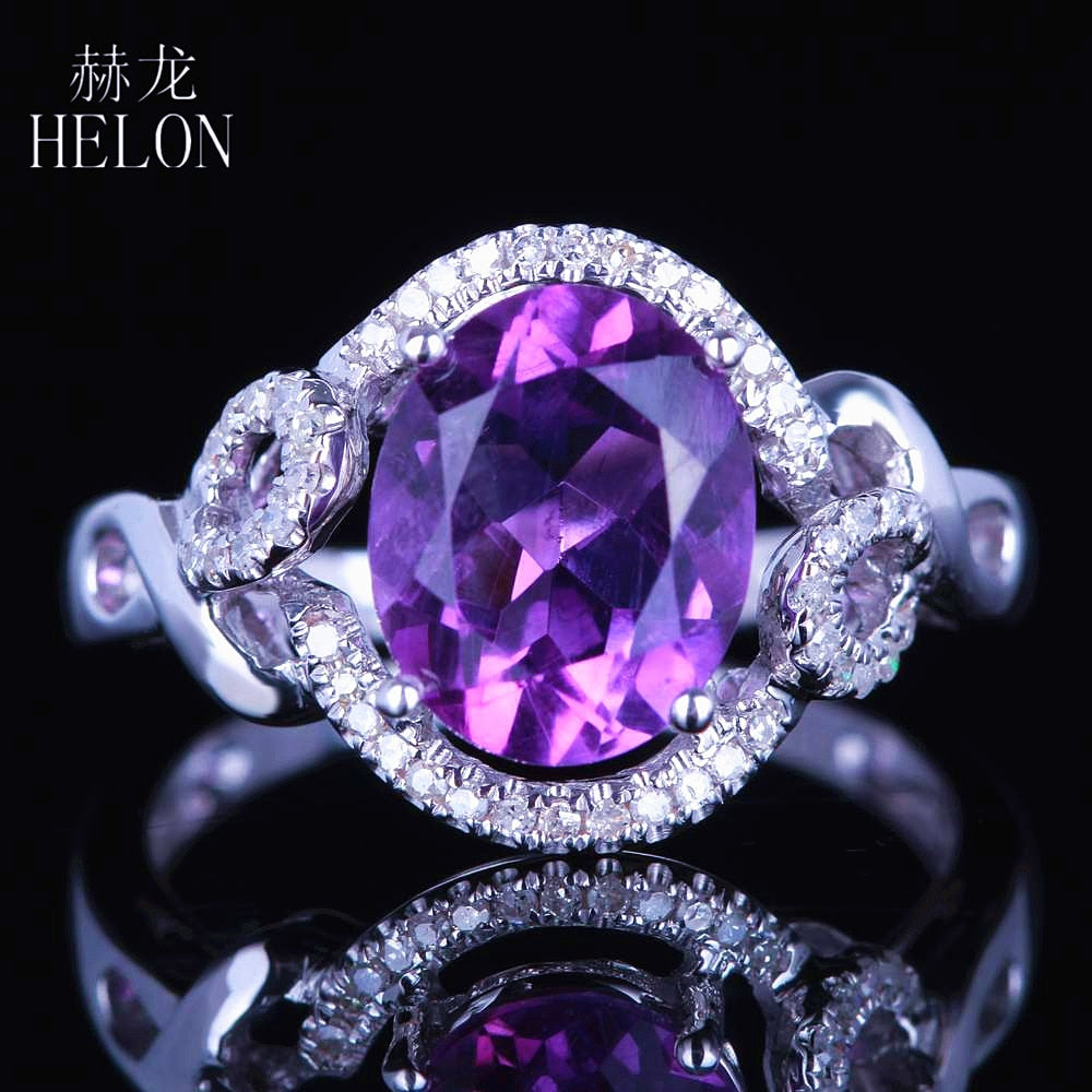 Oval Flawless Amethyst Ring Solid 10K White Gold 100% Genuine Natural Diamonds Ring For Women Wedding Party Gift Jewelry